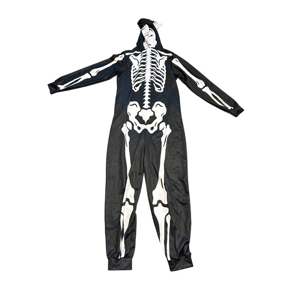 Skeleton Print Onesie Costume Hooded Jumpsuit Black‎ White Halloween - Picture 2 of 5